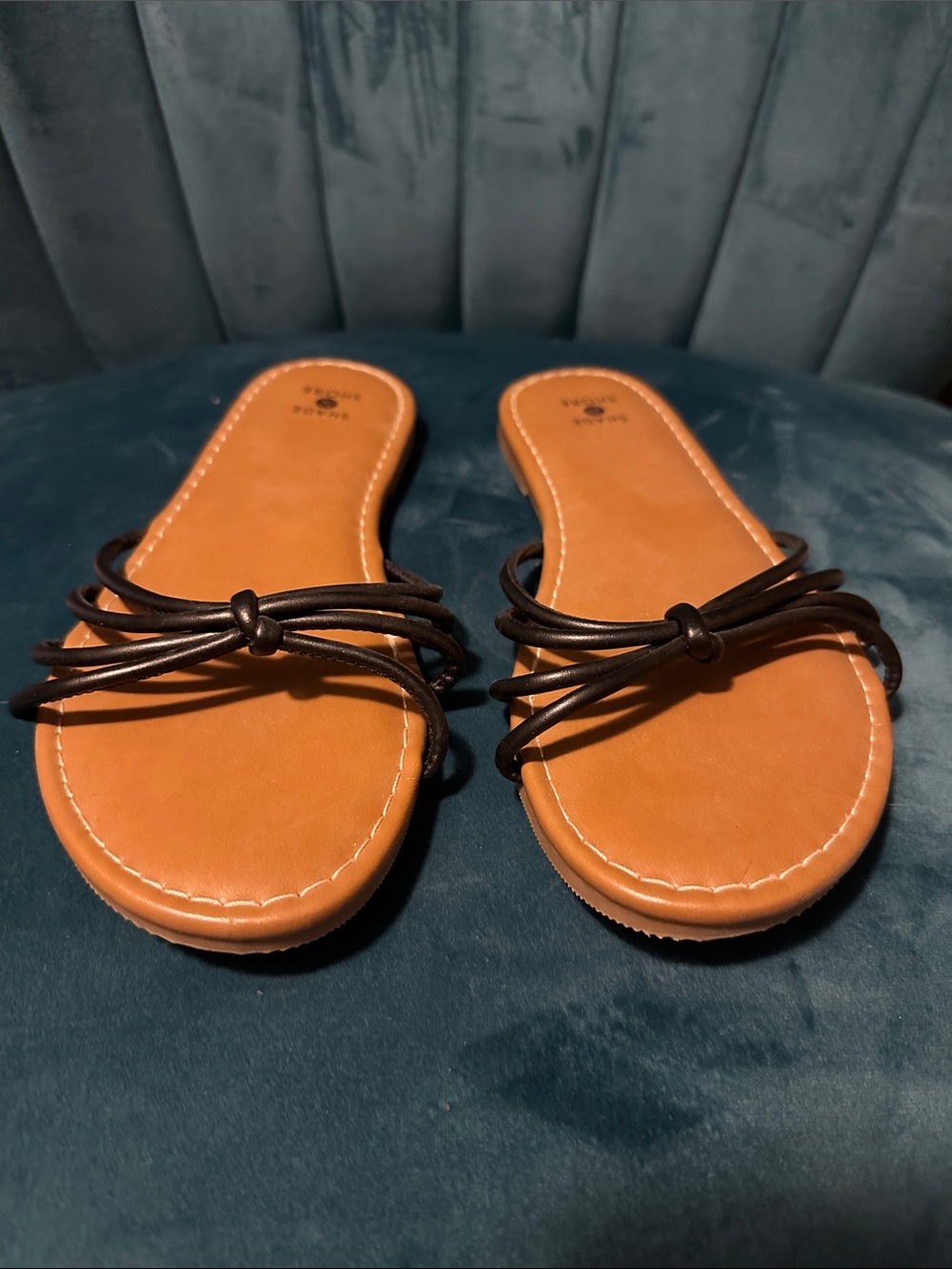 Shade & Shore Tan Slide Sandals with Dark Brown Knot Straps